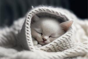 A cute white kitten laying under the blanket.  AI photorealistic illustration photo