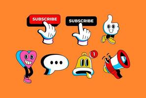 Hand Drawn Like, Comment, Subscribe, Notification cartoon characters illustration set. retro style vector