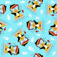 vector seamless pattern of cartoon penguin fishing