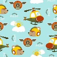 seamless pattern vector of funny bear with helicopter and sky objects