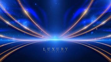 Blue luxury background with golden line decoration and curve light effect with bokeh elements. vector