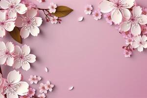 Pink white flowers blossoms on pink paper background with copy space. photo