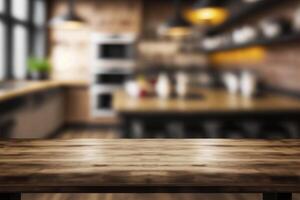 Wooden top table with kitchen blur background. photo