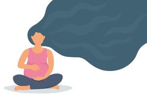 un embarazada mujer es sentado en el loto posición, haciendo yoga, meditando hermosa resumen niña con largo suelto pelo esperando para un bebé. vector gráficos.