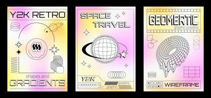 Three graphic posters in Y2K style with geometric elements, frames, wireframe model, planet and decorative symbols. vector