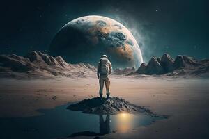 Astronaut standing on planet surface and looking at moon. photo