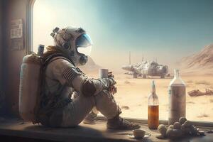 Astronaut sitting on the windowsill of an abandoned space station. photo