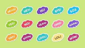 Cute speech bubble with short phrases hello, bye, yes, no, yay, cool, wow, haha icon set. Simple flat vector illustration.