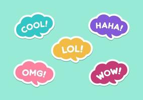 Cute speech bubble with short phrases cool, omg, wow, haha, lol online messaging icon set. Simple flat vector illustration.