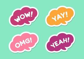 Cute speech bubble with short phrases yay, omg, wow, yeah, online messaging icon set. Simple flat vector illustration.