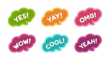 Cute speech bubble with short phrases yes, yay, omg, cool, wow, yeah, online messaging icon set. Simple flat vector illustration.