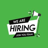 We're hiring. Vector flat illustration on green background.help wanted advertising banner with speaker and vacant badge design vector.eps