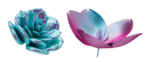 Holographic plants, flowers on transparent background. Cut out graphic design elements. Trendy and futuristic, iridescent objects. 3D rendering. png