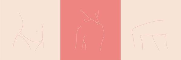 Set of abstract minimalist female body parts. Line art of woman silhouette. Vector fashion illustration of the woman body.