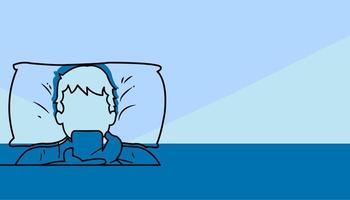 man watching mobile in bed, insomnia at night, Blue light from smartphone reflecting eyes vector