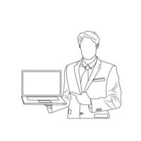 business man showing laptop, line drawing illustration vector