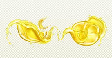 Lemon sliced, juice splash with drops realistic vector