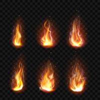 Realistic fire, torch flame set isolated clip art vector