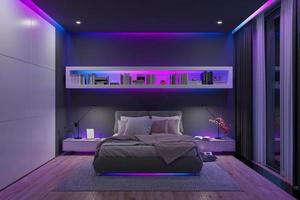 Modern bedroom with a multicolored led strip lights by nigh. 3D illustration. photo