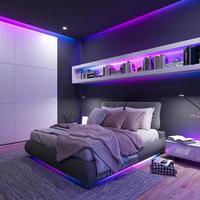 moderno dormitorio con un multicolor LED tira luces por cerca. 3d ilustración.