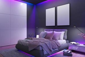 Illustration of modern bedroom - poster mockup. 3D render