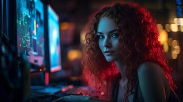 Beautiful redhead girl in pc gaming arena. illustration photo