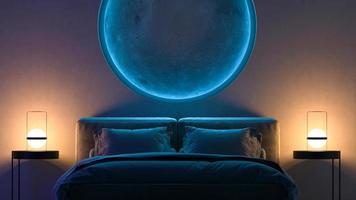 azul Luna en el pared en el dormitorio. LED ligero banda. 3d ilustración. foto
