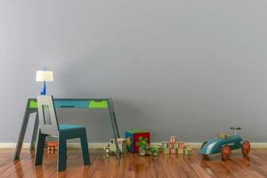 Empty kids room with toys, work desk and chair. photo