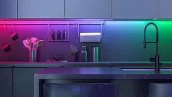 Modern Kitchen with colored led lights. 3D render photo