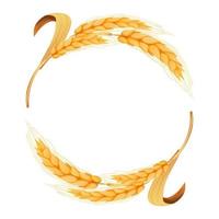 WebWreath from spikelet, golden color wheat round frame in cartoon style isolated on white background. For bakery, tags or labels. Vector illustration