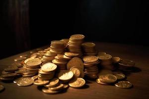 oro monedas en un mesa con oscuro antecedentes ai foto