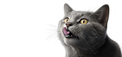 portrait of a friendly looking gray cat licking lips on transparent background png file.