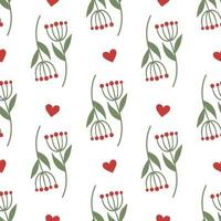 Lovely Flowers with red hearts. Floral seamless pattern. vector