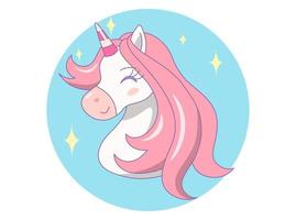 cabeza de linda unicornio con cerrado ojos en azul circulo con espumoso y blanco antecedentes. vector diseño ilustración.