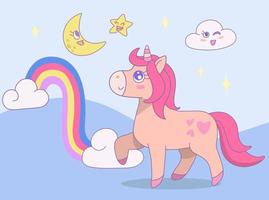 linda unicornio caminando en nubes con arco iris y luna, estrella en el cielo. vector diseño ilustración.