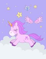 Cute unicorn running with eyes closed on the cloud with star in the sky. Vector design illustration.