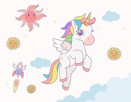 Cute rainbow unicorn jumping on the cloud with rainbow and star in the sky. Vector design illustration.