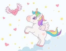 Cute rainbow unicorn jumping on the cloud with rainbow and star in the sky. Vector design illustration.