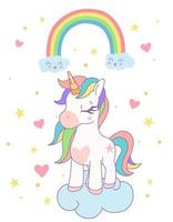 linda arco iris unicornio en pie en el nube con arco iris y estrella en el cielo. vector diseño ilustración.