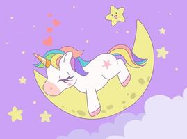 linda arco iris unicornio dormido en el Luna con el estrella en el cielo. vector diseño ilustración.