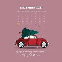 Christmas calendar with cute red car carrying Christmas tree vector