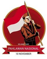 selamat hari pahlawan Indonesia. contento indonesio nacional héroes ilustración del día de hombre vistiendo el atributos de un nacional héroe y que lleva el indonesio bandera. vector