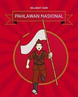 Happy Indonesian National Heroes Day. Illustration of man wearing the attributes of a national hero and carrying the Indonesian flag. vector