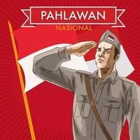 A man wearing the clothes and attributes of an Indonesian national hero doing a salute with a flag background vector