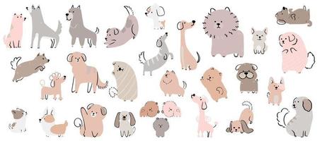 Cute dogs vector set. Cartoon dog or puppy characters design collection with flat color in different poses. Set of funny pet animals isolated on white background.