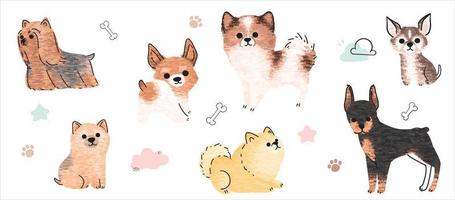 linda perros vector colocar. dibujos animados perro o perrito caracteres diseño colección con plano color en diferente posa conjunto de gracioso mascota animales aislado en blanco antecedentes.