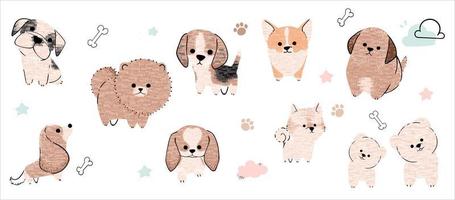 Cute dogs vector set. Cartoon dog or puppy characters design collection with flat color in different poses. Set of funny pet animals isolated on white background.