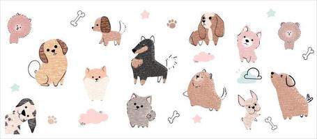 linda perros vector colocar. dibujos animados perro o perrito caracteres diseño colección con plano color en diferente posa conjunto de gracioso mascota animales aislado en blanco antecedentes.