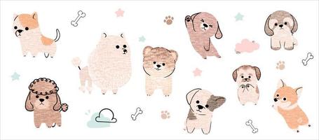 linda perros vector colocar. dibujos animados perro o perrito caracteres diseño colección con plano color en diferente posa conjunto de gracioso mascota animales aislado en blanco antecedentes.