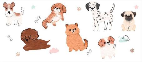 Cute dogs vector set. Cartoon dog or puppy characters design collection with flat color in different poses. Set of funny pet animals isolated on white background.